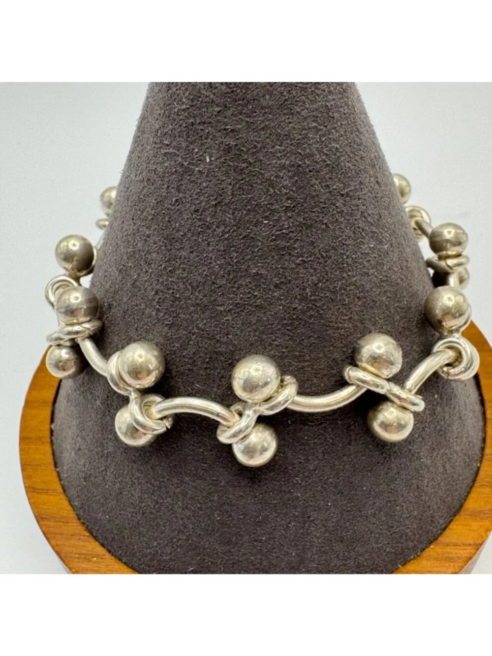 Beaded Curved Bar Link Chain Bracelet Sterling Silver 925 Size 7.25
